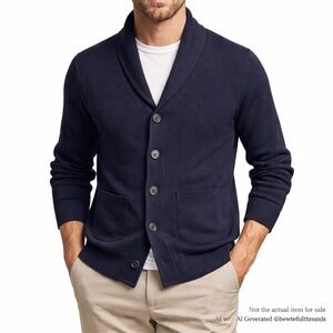 Coofandy Knit Shawl Collar Cardigan Sweater Size L Navy Button Front